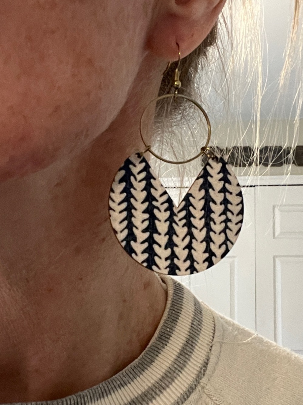 Navy and Cream Patterned Wooden Hoop Drop Earrings